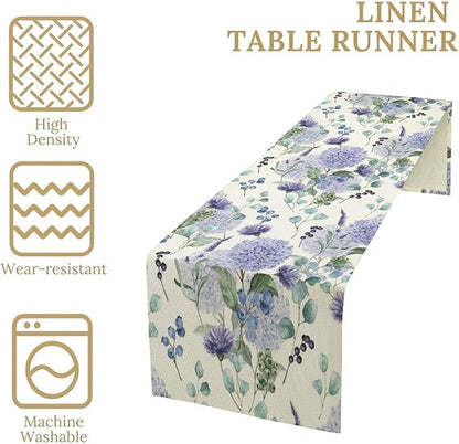 Spring Hydrangea Flower Table Runner, Seasonal Summer Plants Watercolor Eucalyptus Leaves Purple Florals Dinner Runner for Home Kitchen Dining Table Party Holiday Decoration 13"x70"