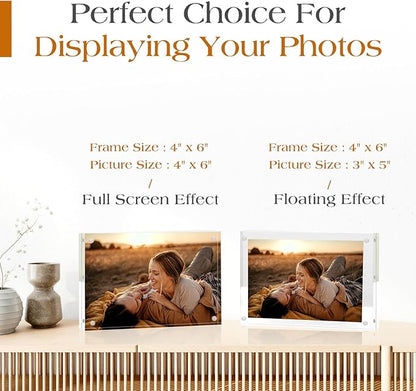 TWING 6 Pack Picture Frames Acrylic 4 x 6, Horizontal Magnet Frame Lucite Double Sided 4x6 Picture Frame, 10+10MM Thick Clear Frameless Desktop Display Self Standing Magnetic Acrylic Block Photo Frame