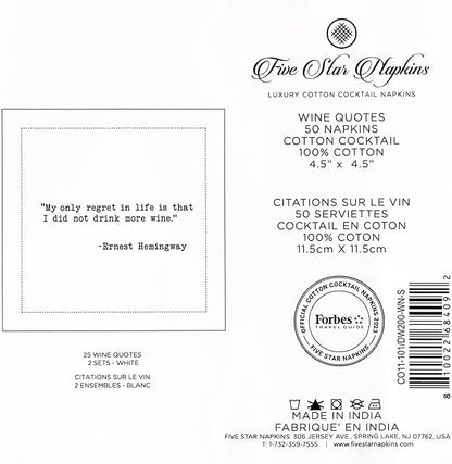 Five Star Napkins Wine Quotes, White Cotton Cocktail Napkins, Beverage Napkins, Bar Napkins, Cloth Napkins, Party Napkins, Events, Holidays, Weddings, Birthdays, Disposable, 4.5" x 4.5"- (50x)
