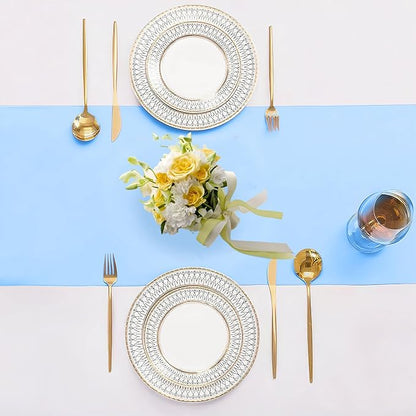 SHEJIZE 20 Pack Light Blue Satin Table Runner 12x108 Inches Long, Bright Silky Smooth Satin Table Runner Table Decor for Wedding Banquet Christmas Prom Event Birthday Party