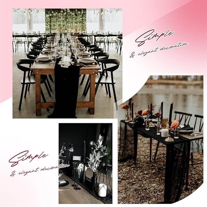 Aktor 12 Pack Black Table Runner Boho Cheesecloth Table Runner Semi Sheer Gauze Fabric Runners for Wedding Birthday Baby Shower Party Boho Table Decoration（Black）