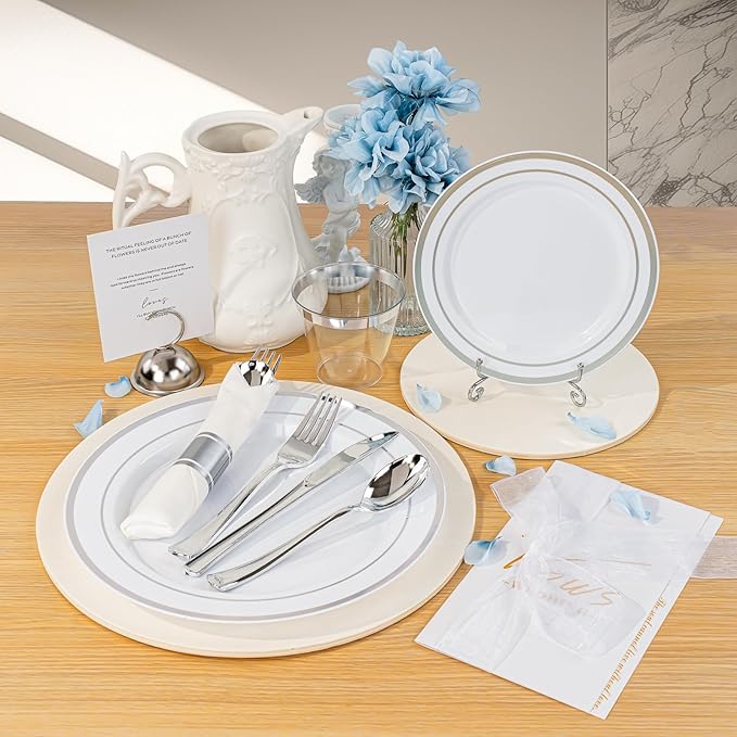 BESTVIP 700PCS Silver Plastic Dinnerware Set for 100 Guests, Disposable Plates for Party, Include: 200 Plastic Plates, 100 Pre Rolled Napkins with Silver Silverware, 100 Cups for Christmas, Halloween