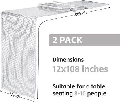 SquarePie Disco Table Runner 2 Pack - Silver Mirror Sequin Glitter Foil Runner for Disco Party Decor Retro 70s 80s Theme, Bachelorette Birthday Dance Decoration 12x108 Inch