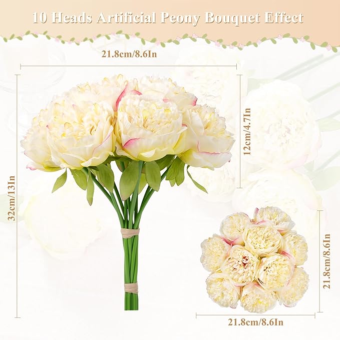 U'Artlines 20 Heads Artificial Peony Silk Flower Leaf Home Office Wedding Party Festival Bar Decor (Champagne)