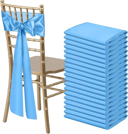 50 PCS Baby Blue Satin Chair Sashes Bows Universal Chair Ribbon Ties Back Sash for Wedding Party Reception Events Banquets Hotel Event Chair Cover Decoration (7x108 inch)