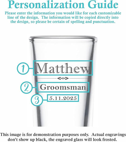 Custom Engraved Shot Glass – 2oz Tall Clear Glass – Personalized Gift for Wedding Party – Classic Etched Barware Keepsake for Groomsmen, Bridesmaids, and More (4)
