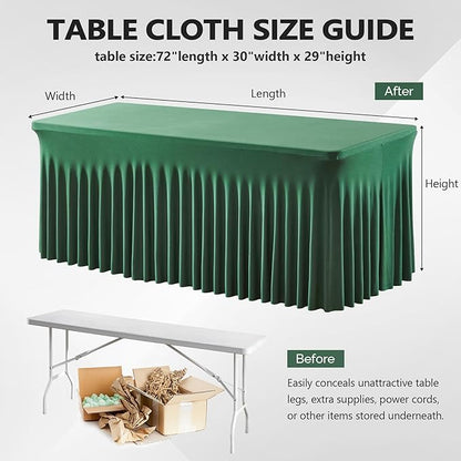 Wish Care 2 Pack Hunter Green Stretch Spandex Table Clothes for 6 Foot Rectangle Tables, 6FT Wrinkle Free Fitted Tablecloths Ruffles Design Table Cover for Party, Banquet, Wedding and Events