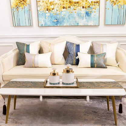 Avigers 12 x 90 Inch Decorative Luxury Abstract Striped Green Teal Table Runners with Tassels for Home Living Room Bedroom Art Decor Wedding