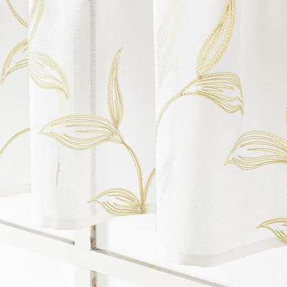 VISIONTEX Sheer Voile Curtain Valances, Decorative Leaves Embroidered, Rod Pocket Window Treatment for Kitchen/Rustic Bedroom/Living Room (54 x 16 Inch,1 Panel)
