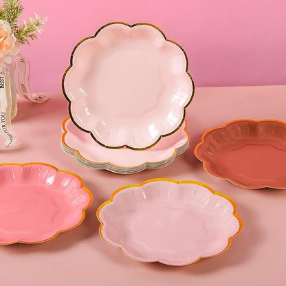 Dusty Pink Gradient Color Dessert Paper Plates 7 inch Gold Foil Scalloped Edge Disposable Cake Plates for Tea Party Birthday Bridal Baby Shower Wedding Party Supplies (24, Dusty Pink)