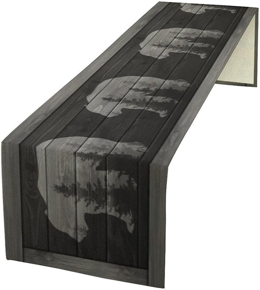 Rustic Country Bear Table Runner, Black Wood Wooden Cabin Wild Animals Hunting Table Cloth for Home Kitchen Dining Table Runner 13x108 Inch
