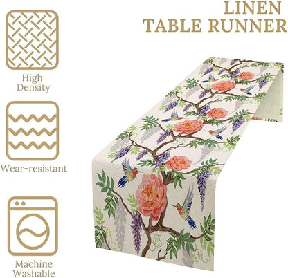 Vintage Bird Flower Table Runner Seasonal Spring Purple Wisteria Garden Plants Lavender Pink Florals Farmhouse Country Kitchen Dinner Runner Dining Table Decoration for Home Party Holiday 13"x120"