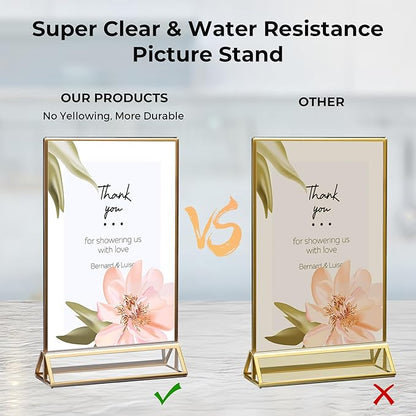 14 Pack Acrylic Sign Holder 4x6 Gold Frames, Wedding Table Number Holders Double Sided Vertical Clear Display Stand, Picture Holders for Tables, Menus, Flyers, Party and Office Decor
