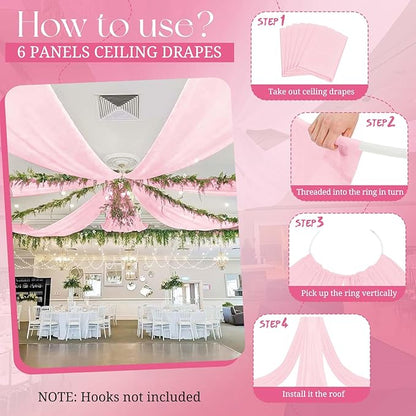 6 Panels Pink Ceiling Drapes for Wedding, 5ftx40ft Ceiling Drapes Cheesecloth Sheer Fabric Curtain Wedding Arch Draping Fabric Romantic Ceilings Decorations for Weddings Party Ceremony Stage