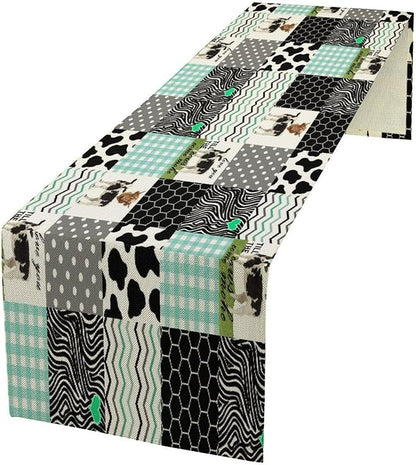Cute Cow Print Table Runner,Farm Animals Honeycomb Plaid Stripes Cowhide Pattern Tablecloth Burlap for Hotel Indoors Outdoor Dining Room Kitchen Table Decor, 13x36in