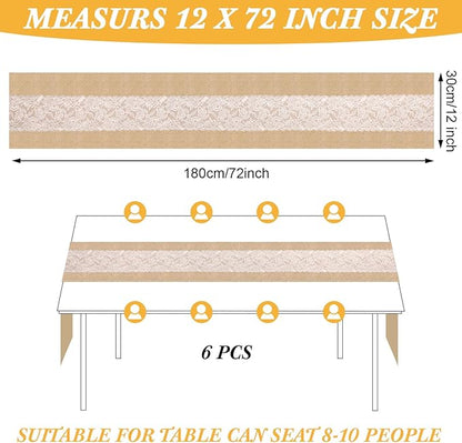 Xinnun 6 Pack Burlap Table Runner with LED String Lights, Modern Rustic Lace Natural Vintage Boho Jute Wedding Table Decor for Farmhouse Thanksgiving Christmas(Modern Neutral,12x70 Inches)