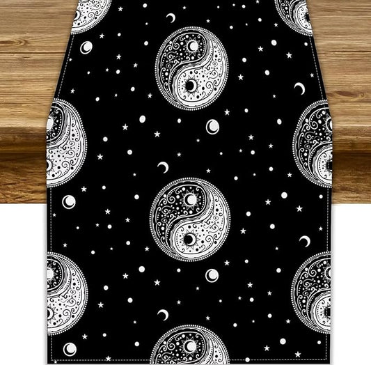 Mystical Celestial Table Runner, Vintage Bohemian Black Yin Yang Symbol Moon Stars Print Table Runner for Office Kitchen Dining Wedding Party Home Coffee Table, 13x90inch
