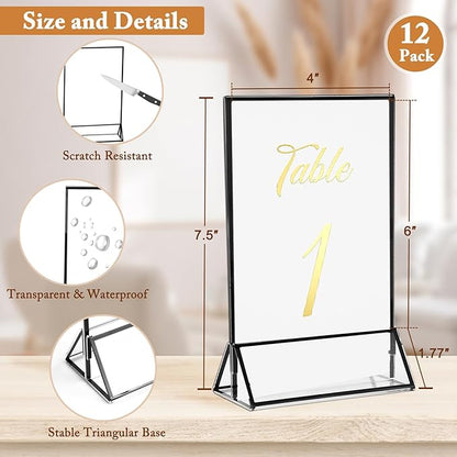 Floroom 12 Pack 4x6 Inch Clear Acrylic Sign Holders, Double-Sided Black Display Stand Picture Frames for Table Numbers, Menus, Flyers, Weddings, and Offices