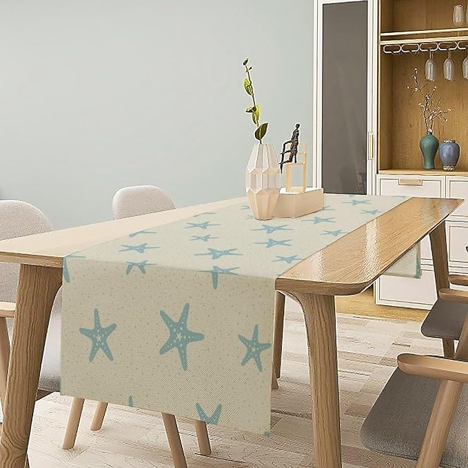Sea Turtle Table Runner Marine Life Starfish Nautical Blue Green Ocean Theme Kitchen Table Decorations for Indoor Outdoor Home Party Decorations 13x36 Inch