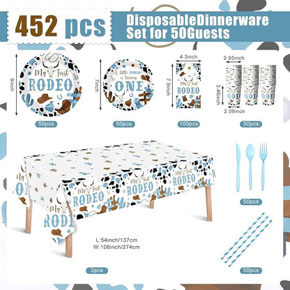 452 Pcs First Rodeo Decorations Boy, Blue Western Cowboy Paper Plates Napkins Cups Tablecloth Cutlery Straws for My 1st Rodeo Birthday Party Baby Shower Decorations Supplies for 50 Guests
