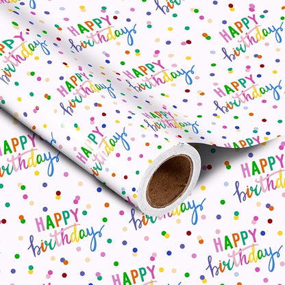 LeZakaa Birthday Wrapping Paper Roll, Happy Birthday Lettering & Colored Polka Dots Design in White for Holiday, Party, Baby Shower, 17 inches x 32.8 Feet (46.45 sq.ft.)