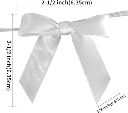 50pcs 2-1/2" White Satin Ribbon Bows with Twist Ties for Wedding Box Gift Wrapping Packing Christmas Decoration (White)