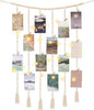 Mkono Macrame Hanging Photo Display Wall Decor with String Lights, Boho Wooden Beads Garland Collage Picture Card Frame Holder with 30 Clips for Bedroom Living Room Dorm, Teen Girls Christmas Gifts