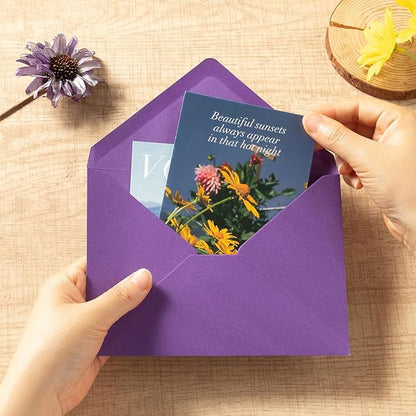 50 Pack Colored A7 Invitation Envelopes 5x7 with Gold Stickers for Cards and Invitations, 5 Colors (Purple, 5 1/4 x 7 1/4 inches)