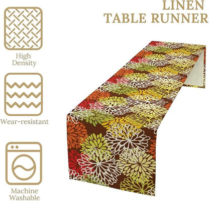 Brown Dahlia Floral Table Runner, Seasonal Autumn Thanksgiving Pattern Print for Home Kitchen Table Decor Dining Coffee Room Party Decor 13x60 Inch