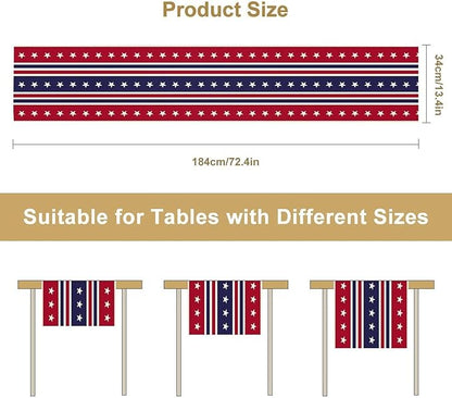 4th of July Table Runner, USA Flag Stars Stripes American Independence Day Red Blue White Stars Lines Print Table Cover for Farmhouse Kitchen Indoor Outdoor Home Party, 13x120inch