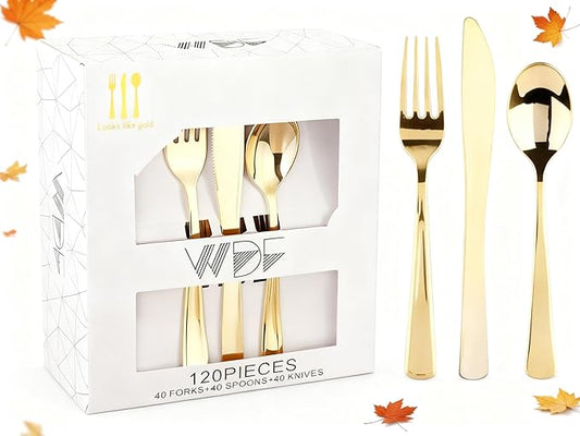 WDF 120 Pieces Gold Plastic Silverware - Disposable Flatware Set - Heavy Duty Thanksgiving Plastic Cutlery - Silverware Includes 40 Forks, 40 Spoons, 40 Knives