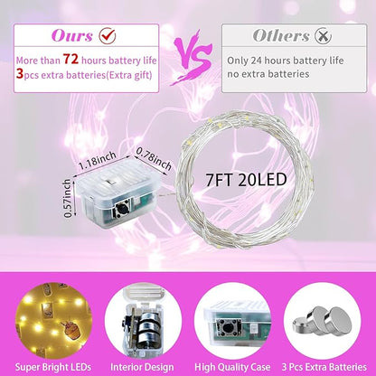 12 Pack Pink Fairy Lights 7Ft 20 LED Twinkle String Lights 3 Modes Battery Operated Waterproof Firefly Starry for Mason Jar Party Wedding Christmas Valentines Day Table Centerpieces