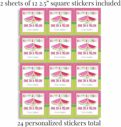 Custom & Personalized One in A Melon Watermelon Happy Birthday Gift Tag Sticker Labels, 24 2.5" Square Stickers by Amanda Creation