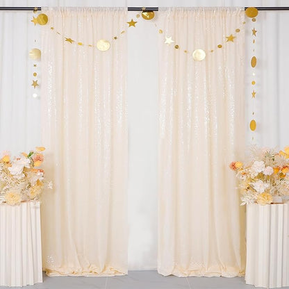 ShinyBeauty Ivory Backdrop 2FTx8FT Sequin Curtains 8 Pieces Photo Backdrops Glitter Photograph Background Beige Curtain Panles for Birthday/Baby Shower/Prom Decorations