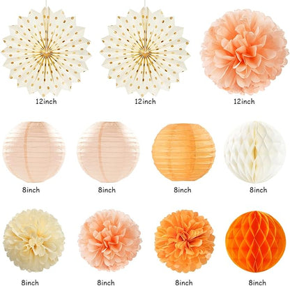 Orange-Beige Fal Boho Birthday Party-Decorations - 21pcs Autumn One Two Sweet Peach Happy Banner,Girls Groovy Paper Streamers Lanterns Honeycomb,Tissue Pom Poms Fan,Hippie Garland Decor Huglony
