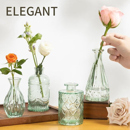 Vintage Small Glass Vases Set of 10,Mini Bud Vases for Flowers,Amber Glass Vases for Centerpieces,Wedding Decorations,Home Table Flower Decor(Sage Green)