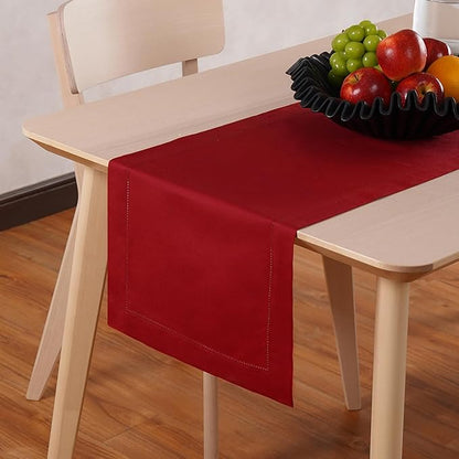 Red Table Runner 48 Inch – Cotton Linen Hemstitch Farmhouse Table Runner 14x48 – Washable Fabric for Dining Table, Spring, Summer, Wedding, Everyday Décor – Serena