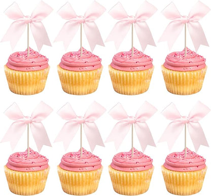 24 PCS Bow Cupcake Toppers Bowknot Coquette Bow Girls Birthday Cake Decorations Bow Cake Toppers Bowknot Cupcake Picks for Baby Shower Birthday Wedding Bridal Engagement Party Supplies Pink