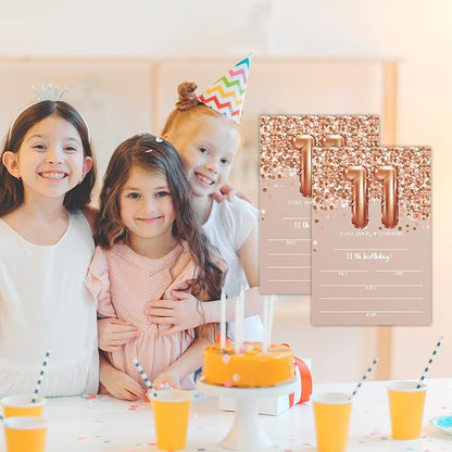 11th Birthday Invitation Cards, Rose Gold Glitter 11th Birthday Party Invites, Kids Happy Birthday Party Decorations Supplies, 20 Fill-in Cards with Envelopes for Boys or Girls Party Celebration - C03