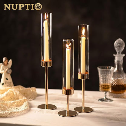 NUPTIO Hurricane Candlestick Holders for Centerpiece: Gold Taper Candles Stick Holders with Clear Glass Chimney - Tall Candleholder Set of 3 for Birthday Party Outdoor Decor