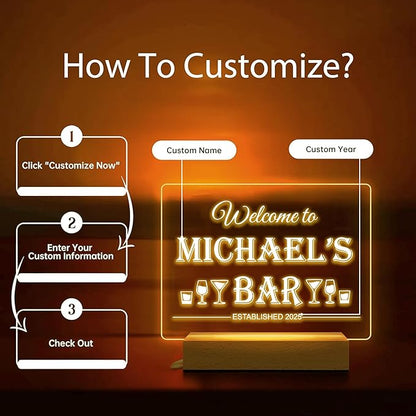 Personalized Bar Gifts for HOME BAR, Custom Name Date Acrylic Light Up Signs, Customized Acrylic Plaque with Night Light, Personalized Night Light for Man Cave Decor