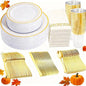 350 Pieces White and Gold Plastic Plates - 50 Guest Thanksgiving Dinnerware Set Include 100 Plates, 50 Plastic Silverware, 50 Napkins and 50 Cups for Thanksgiving