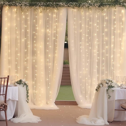 10ft x 10ft Cream White Chiffon Backdrop Curtain with Lights String for Parites Wedding Wrinkle Free Curtain Photo Backdrops Drapes for Baby Shower Birthday Party Home Decorations