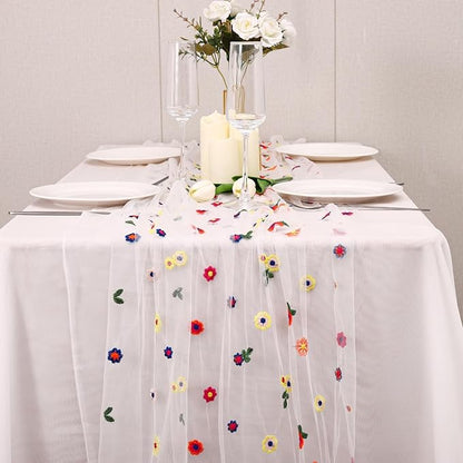 3PCS Lvory Floral Table Runner 10 FT, Embroidery Daisy Table Runners Seasonal Sheer Tulle Table Runner for Thanksgiving Wedding Birthday Baby Shower Party ﻿