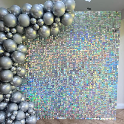 Qcity Iridescent Silver Shimmer Wall Backdrop 36PCS, Black Back Not See-Through Design, Square Sequin Glitter Backdrop Panel, Perfect for Outdoor Events, Birthdays, Wedding and Party Decoration