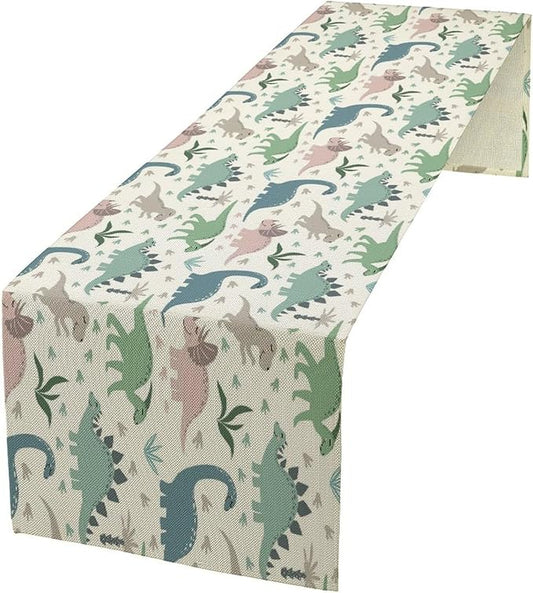 Cartoon Dinosaur Table Runner,Kids Boys Cute Colorful Animal Dino Abstract Print Tablecloth Burlap for Hotel Indoors Outdoor Dining Room Kitchen Holiday Party, 13x108in