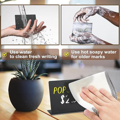 PigPotParty 12 Pcs Food Labels for Party Buffet w/Cleaning Spray, 4"x3" Mini Chalkboard Signs for Food Display, Table Place Cards - Name Tags- Small Chalk Board Signs, w/ 2 Markers