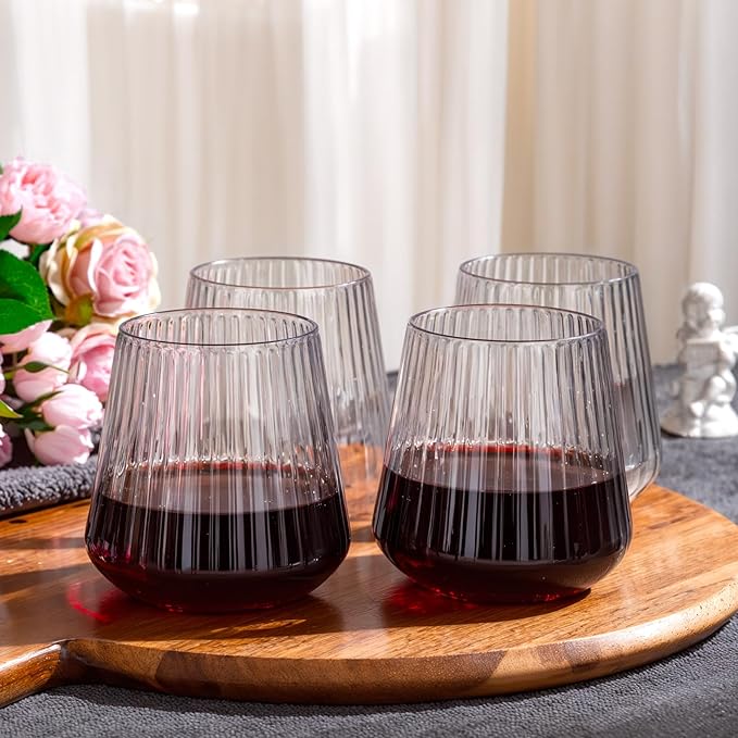 30 Pack Plastic Ribbed Wine Glasses, 14 OZ Origami Stemless Disposable Wine Champagne Whiskey Glasses Unbreakable Clear Plastic Cocktail Glasses, Reusable Wine Cups for Home Party Wedding Bar