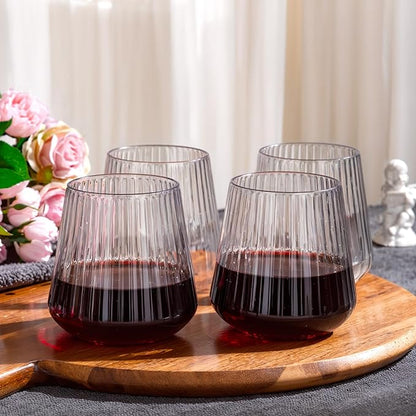 30 Pack Plastic Ribbed Wine Glasses, 14 OZ Origami Stemless Disposable Wine Champagne Whiskey Glasses Unbreakable Clear Plastic Cocktail Glasses, Reusable Wine Cups for Home Party Wedding Bar