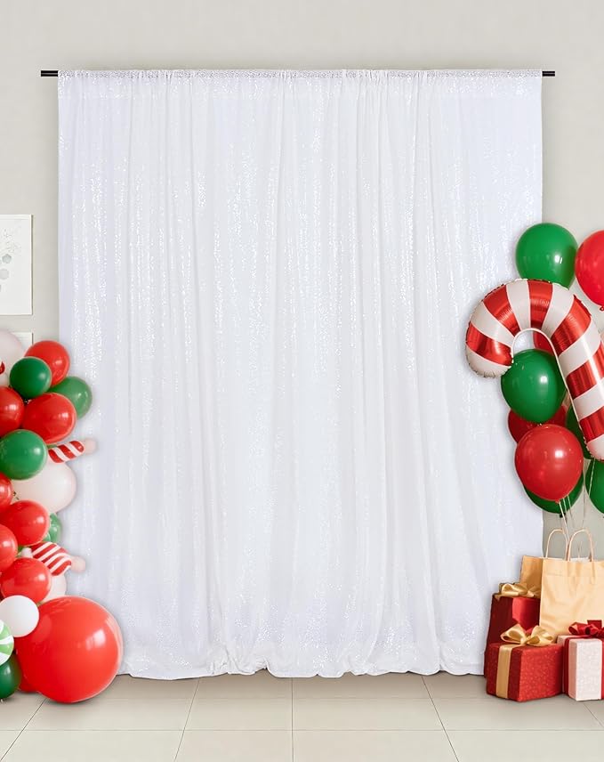 Eternal Beauty White Sequin Backdrop, 8x8 Ft Glitter Background Curtains for Christmas Shimmer Photography Party Wedding Birthday Back Drop Decor
